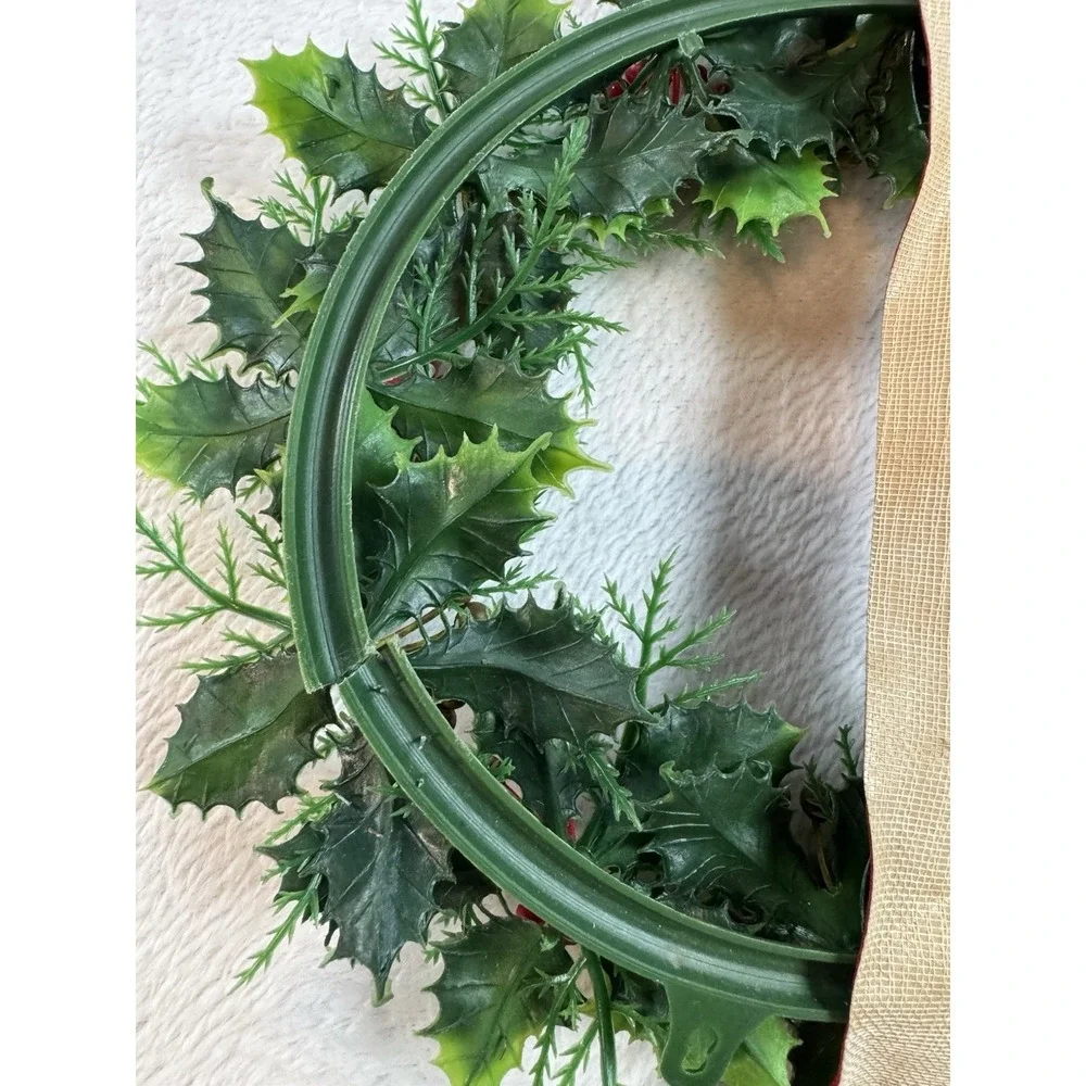 Vintage Plastic Triple Christmas Wreath with Bells on‎ Flocked Red Velvet Ribbon